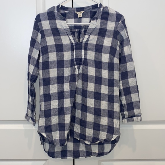 L.L. Bean Split Neck Linen Tunic Long Sleeve Plaid Top - Picture 9 of 10
